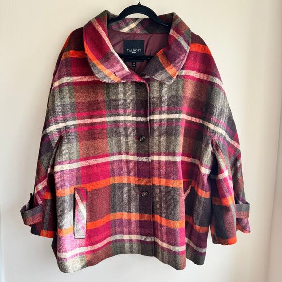 Talbots Pea Coat Red Brown Orange Plaid Wool Collared Long Sleeve Womens Sz 24W - Picture 1 of 5